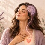 Donna serena con gli occhi chiusi e una mano sul petto, con un cervello luminoso collegato al cuore, tra piante di lavanda.
