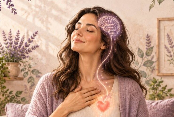 Donna serena con gli occhi chiusi e una mano sul petto, con un cervello luminoso collegato al cuore, tra piante di lavanda.