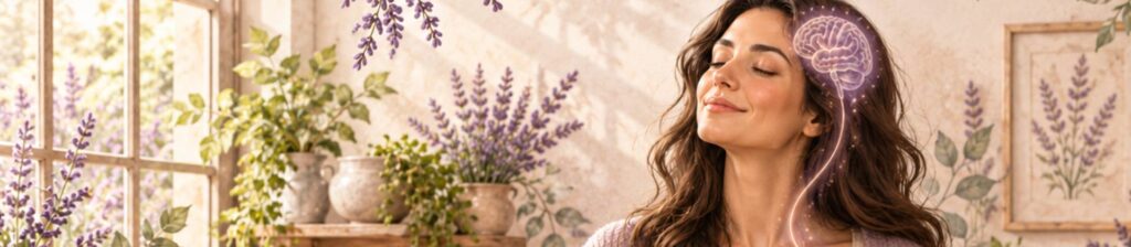 Donna serena con gli occhi chiusi e un cervello luminoso sopra la testa, in una stanza con piante di lavanda.