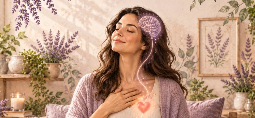 Donna serena con gli occhi chiusi e una mano sul petto, con un cervello luminoso collegato al cuore, tra piante di lavanda.