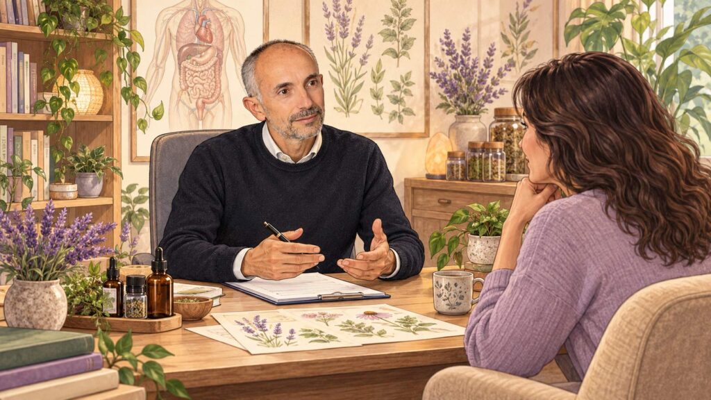 Colloquio di consulto: un uomo con un quaderno e una donna seduta di fronte a lui, in uno studio con piante di lavanda.