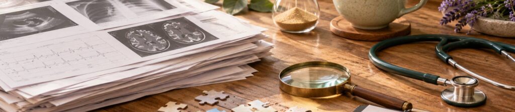 Pila di referti ed ecografie su un tavolo di legno, con lente d'ingrandimento e stetoscopio.