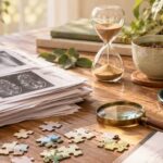 Pila di referti ed ecografie su un tavolo con clessidra, lente d'ingrandimento, stetoscopio e pezzi di puzzle sparsi.