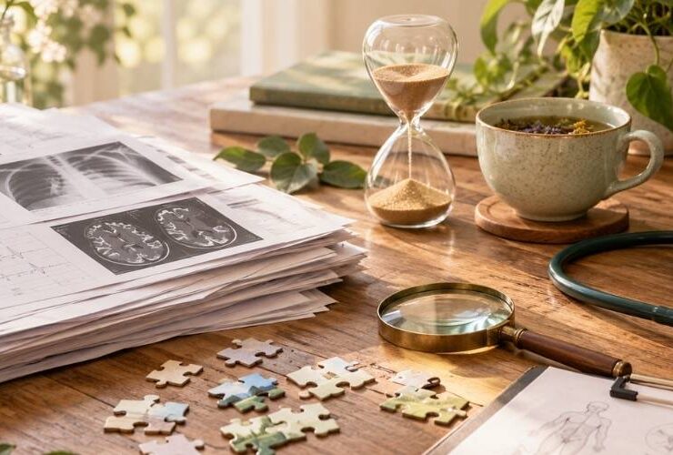 Pila di referti ed ecografie su un tavolo con clessidra, lente d'ingrandimento, stetoscopio e pezzi di puzzle sparsi.