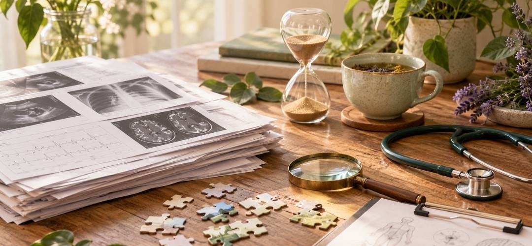 Pila di referti ed ecografie su un tavolo con clessidra, lente d'ingrandimento, stetoscopio e pezzi di puzzle sparsi.