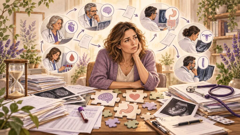 Donna pensierosa a una scrivania piena di referti, circondata da medici di varie specialità e pezzi di puzzle da ricomporre.
